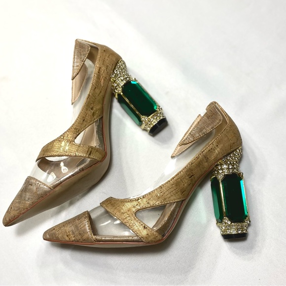 FSJ Nude Transparent Bridal Pointed 
Toe Chunky Block Heel Crystal
Pumps - Picture 4 of 15